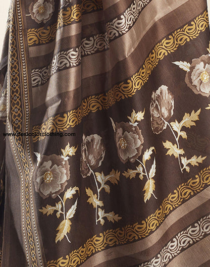 Dark Brown Printed Silk Saree