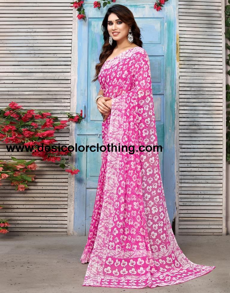 Pink Chiffon Printed Saree