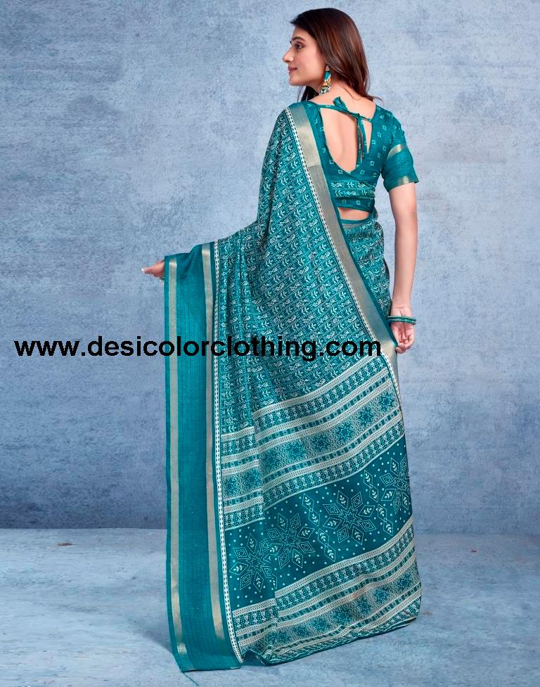 Teal Blue Silk Printed  Saree