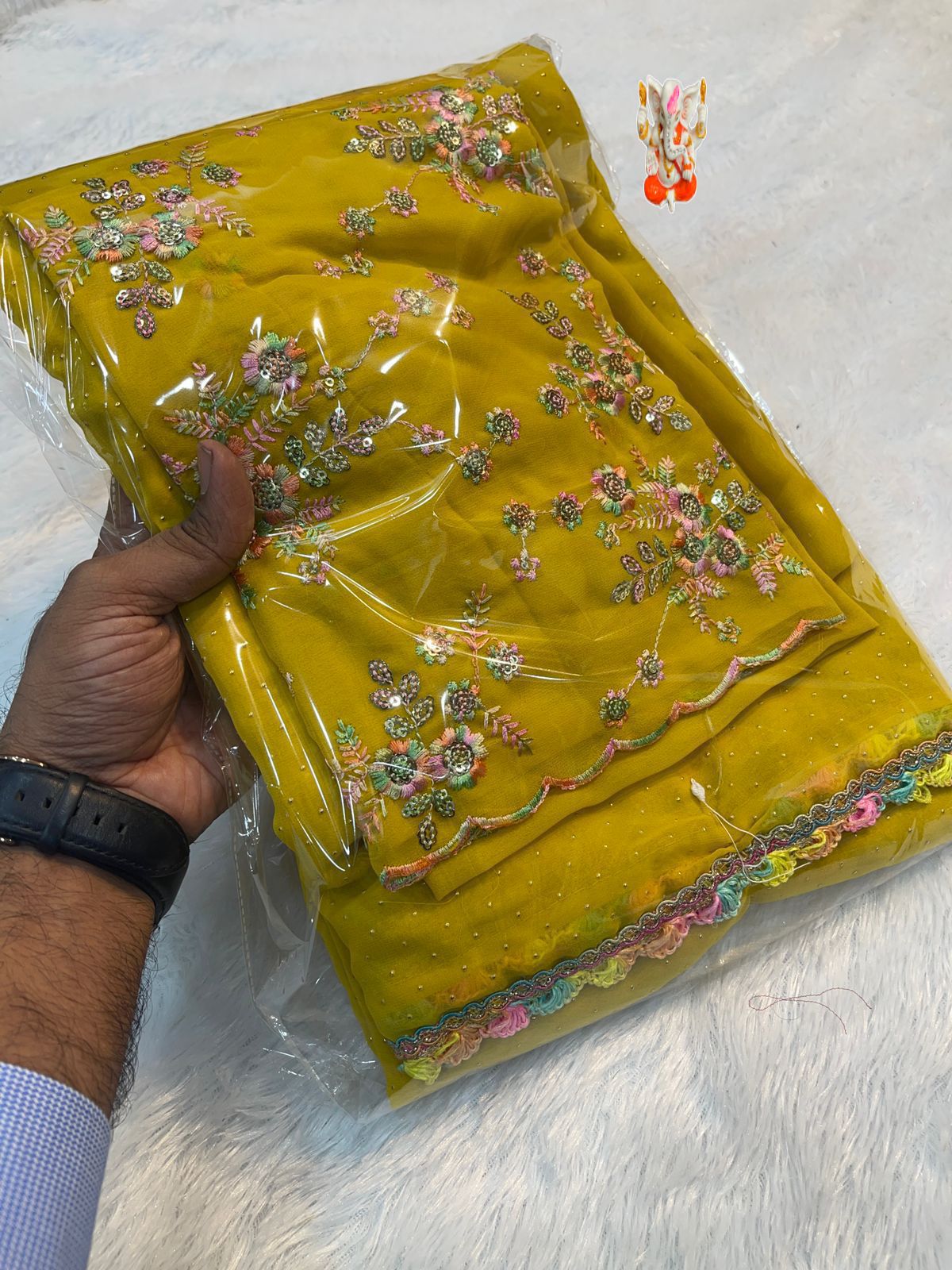 Product Image - Designer Georgette Saree with Multi Embroidery & Rainbow Lace