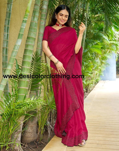 Dark Pink Plain Silk Saree