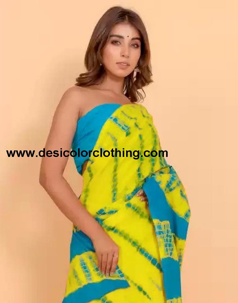 Yellow And Blue Tie And Dye Saree