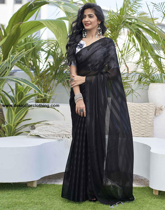 Black Chiffon Zari Plain Saree