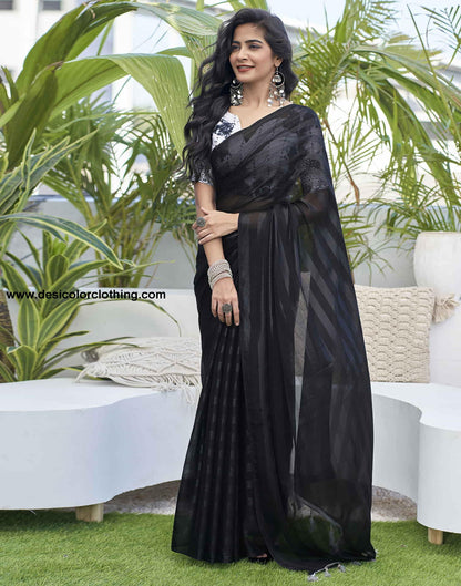 Black Chiffon Zari Plain Saree