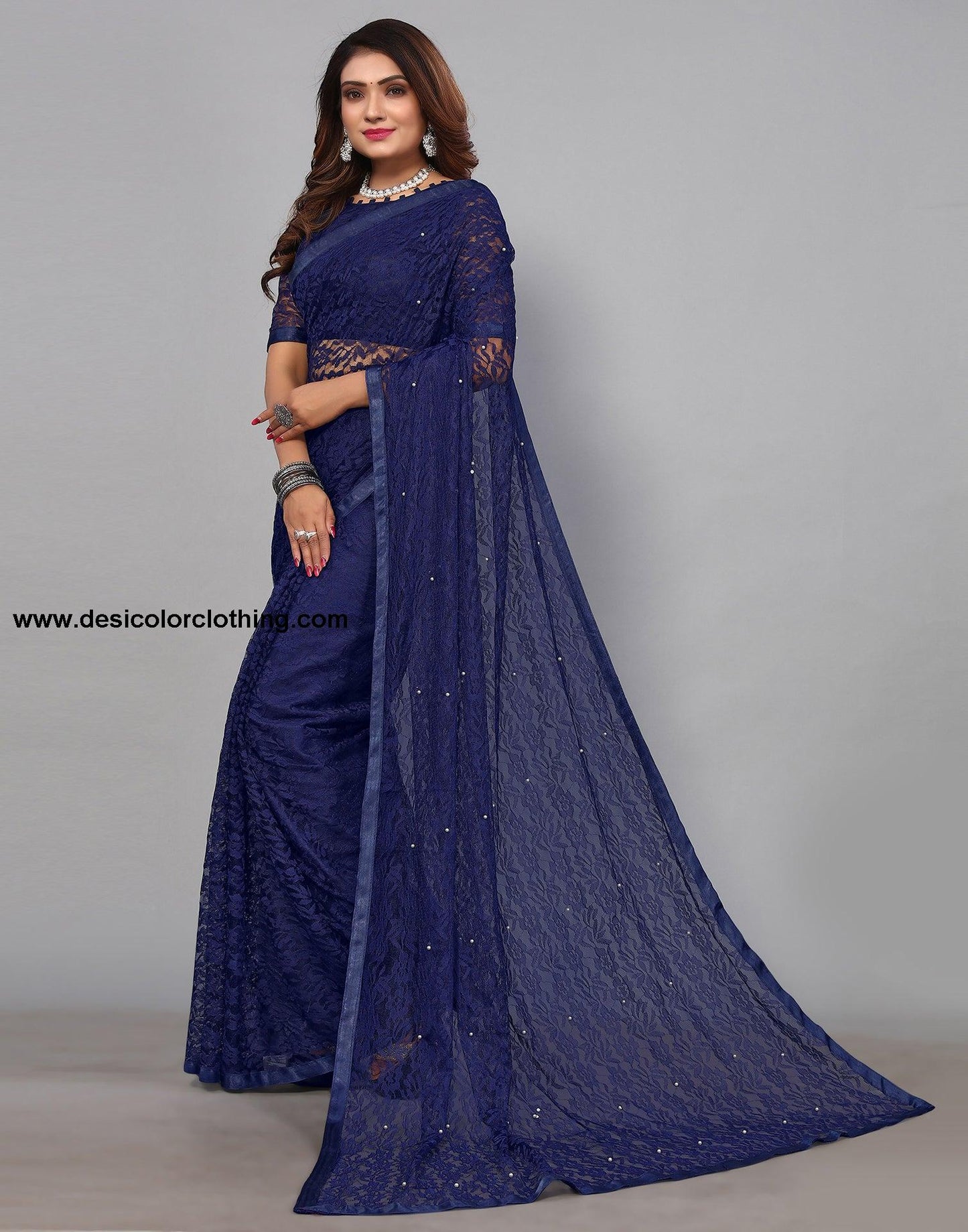 Dark Blue Net Lace Saree