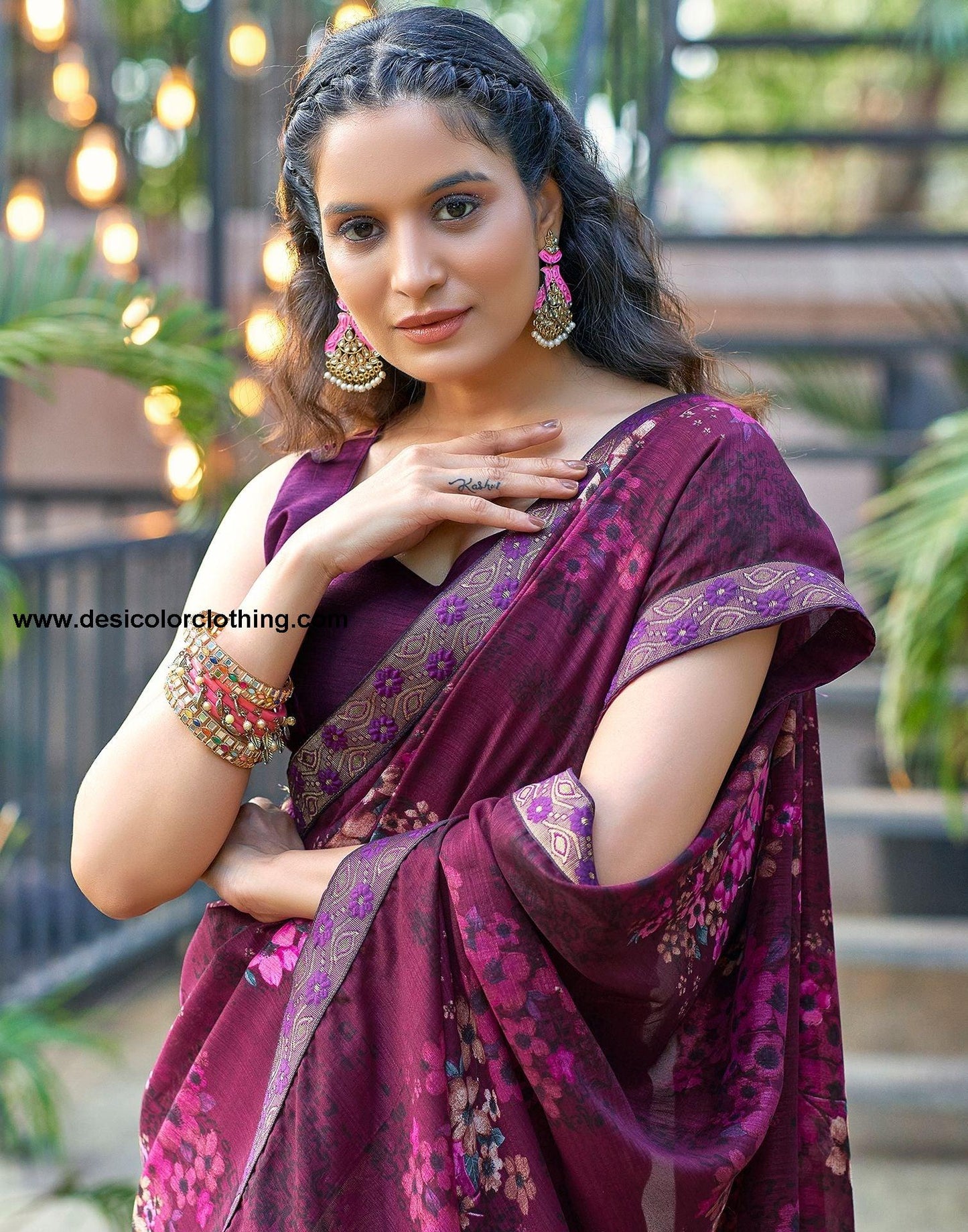 Wine Printed Silk Saree