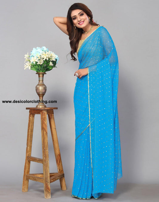 Sky Blue Chiffon Plain Saree