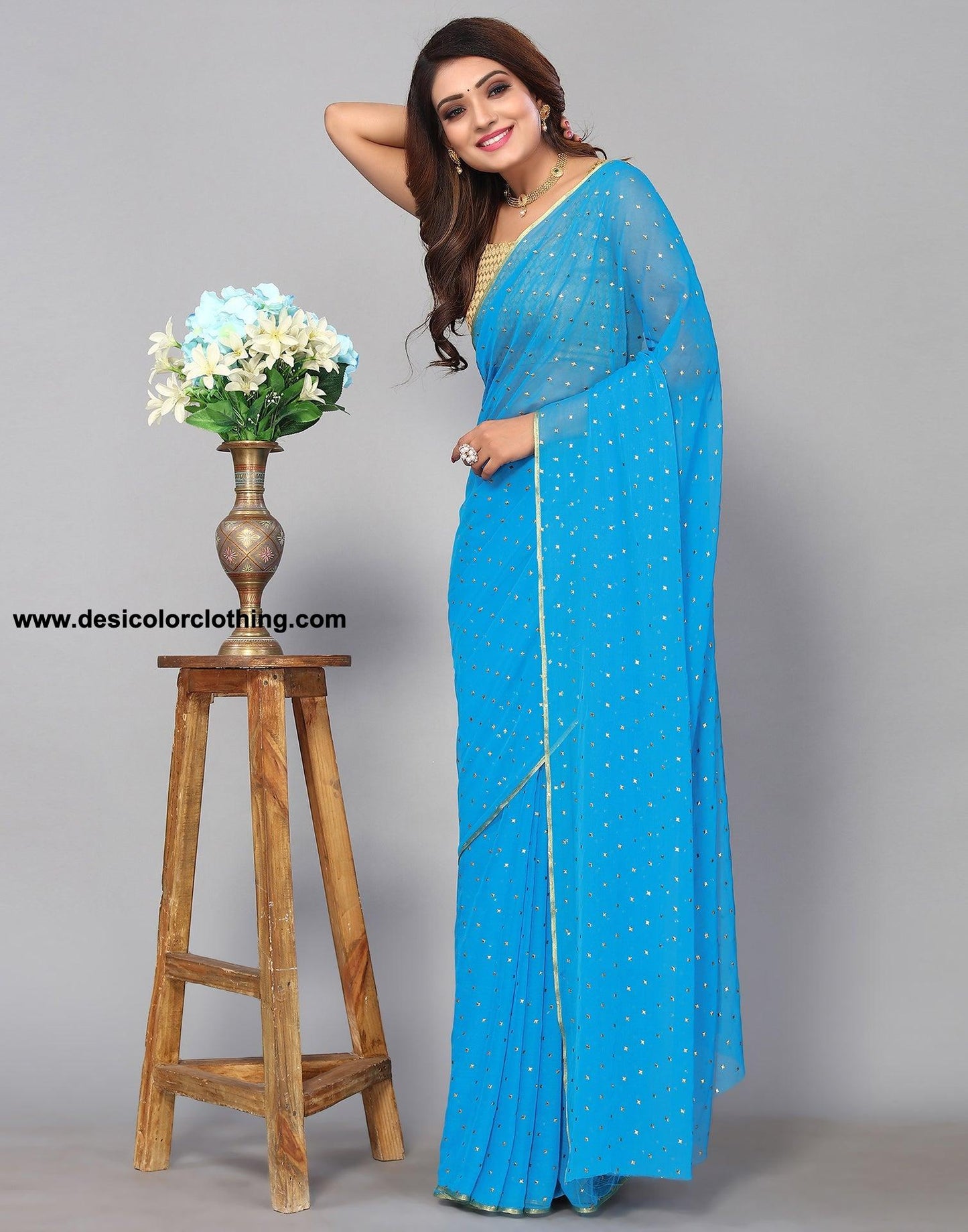 Sky Blue Chiffon Plain Saree