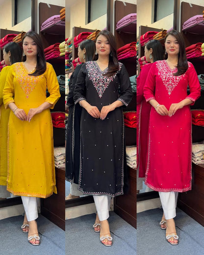 Product Image - Elegant Embroidered Kurti Set – Premium Banana Silk in 3 Stunning Colors