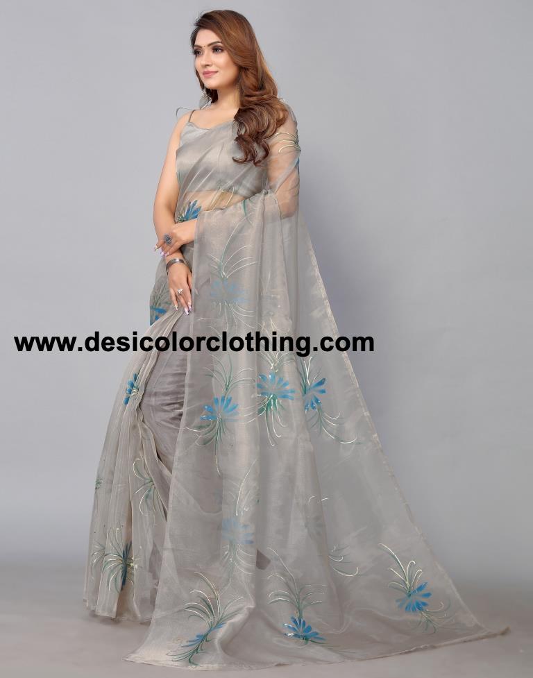 Stone Grey Organza Saree