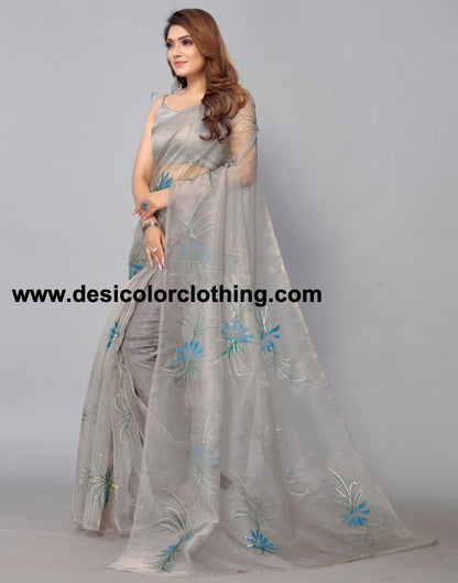 Stone Grey Organza Saree