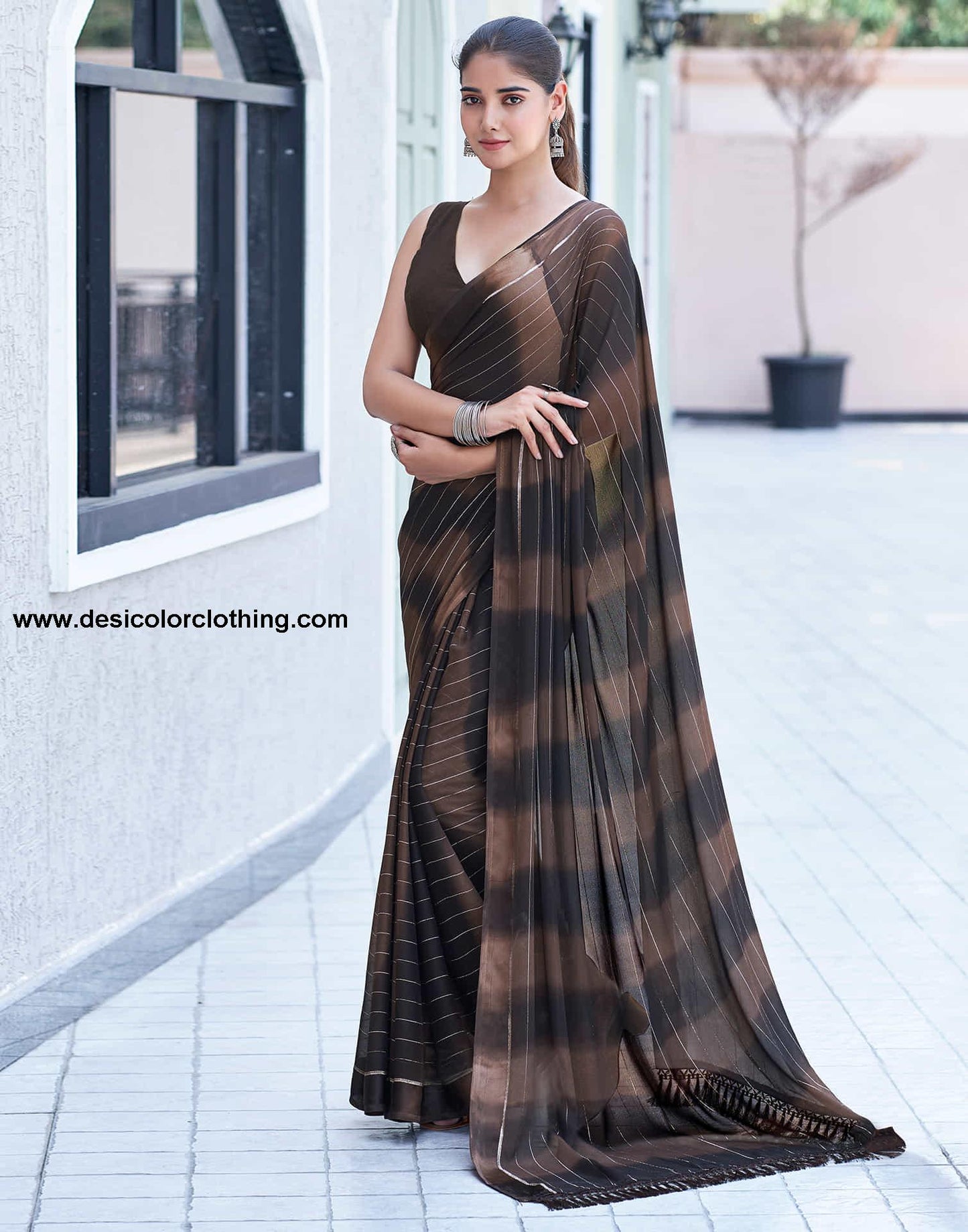 Brown Georgette Printed Leheriya Saree