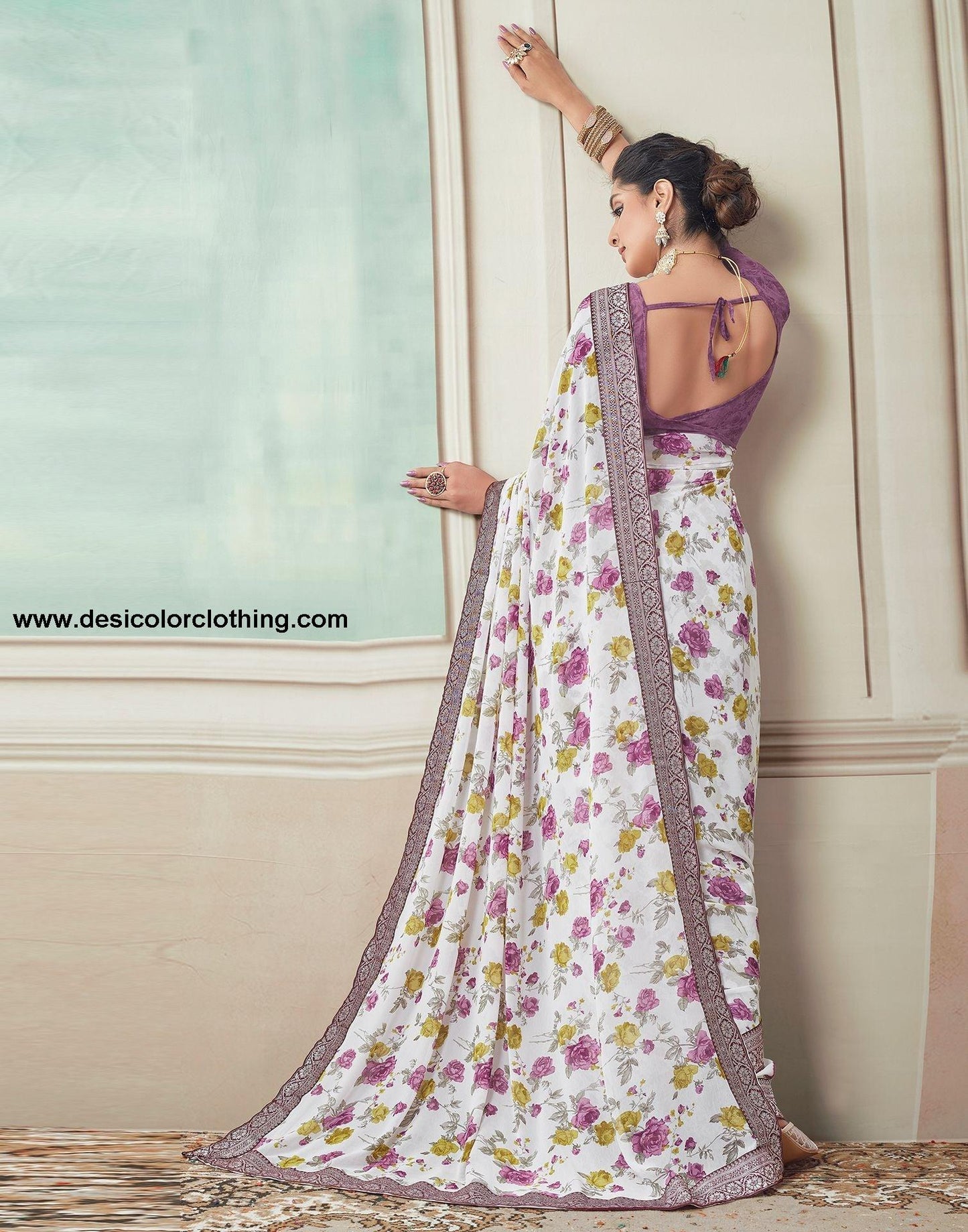 White Printed Georgette Saree