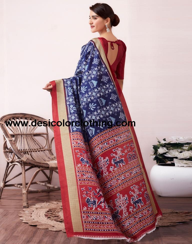 Dark Blue Silk Printed  Saree