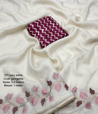 Product Image - Designer Georgette Saree with Embroidered Leaf Design | Premium Festive Wear