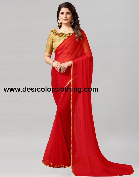 Red Plain Chiffon Saree