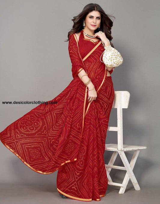 Red Bandhani Printed Saree