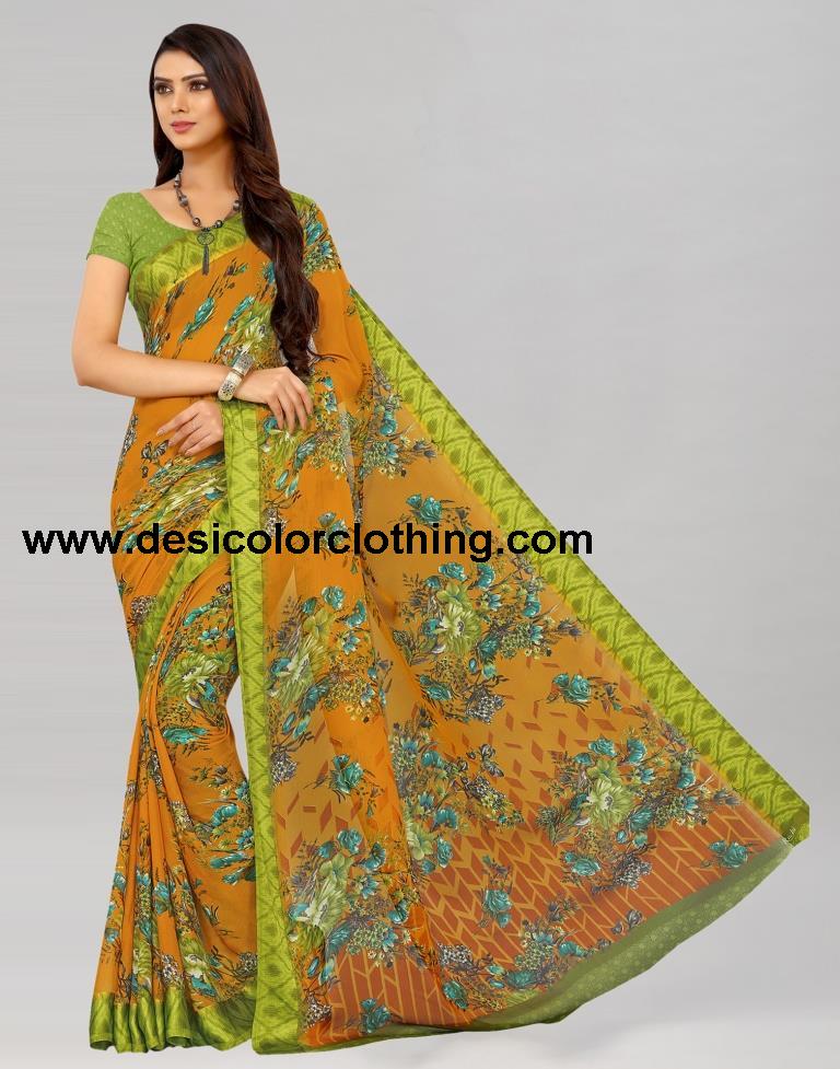 Yellow Printed Chiffon Saree