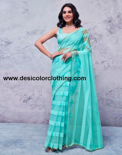 Turquoise Orgenza Plain Saree