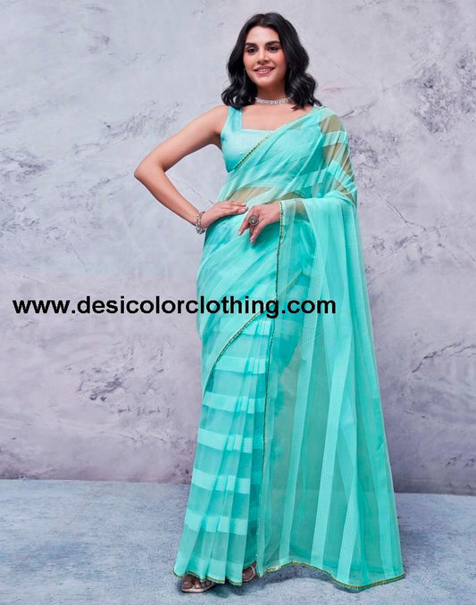 Turquoise Orgenza Plain Saree