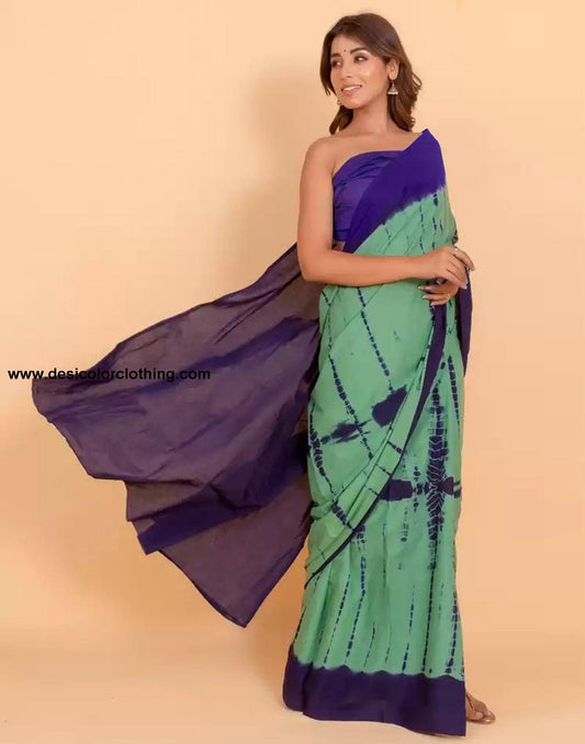 Dusty Green and Navy Blue Tie And Dye Saree