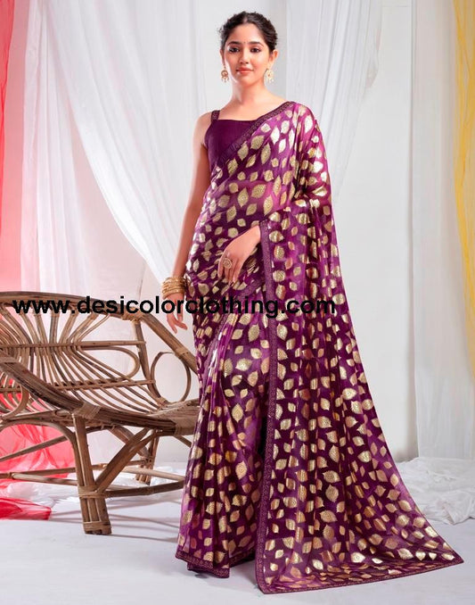 Deep Purple Lycra Printed Saree