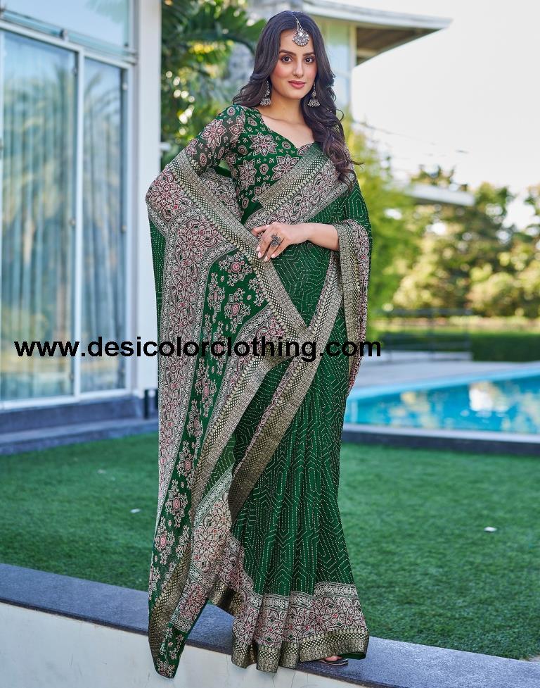 Dark Green Georgette Printed Saree