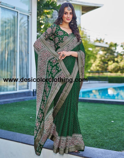 Dark Green Georgette Printed Saree