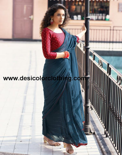 Dark Rama Blue Plain Georgette Saree