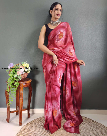 Peach Printed Georgette Pre-draped Saree