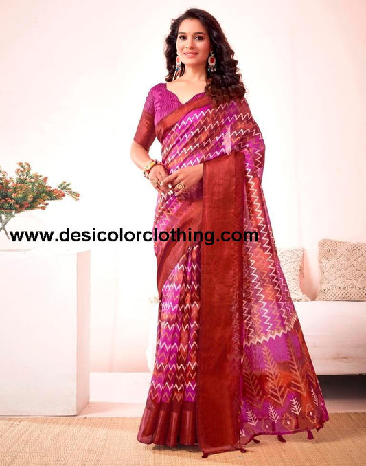 Rust Cotton Printed Saree
