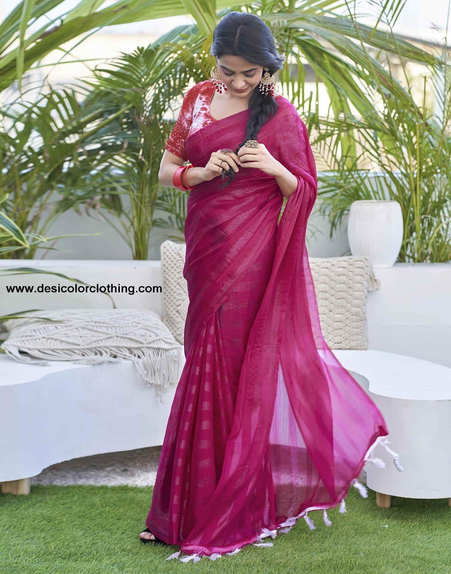 Rani Pink Chiffon Zari Plain Saree