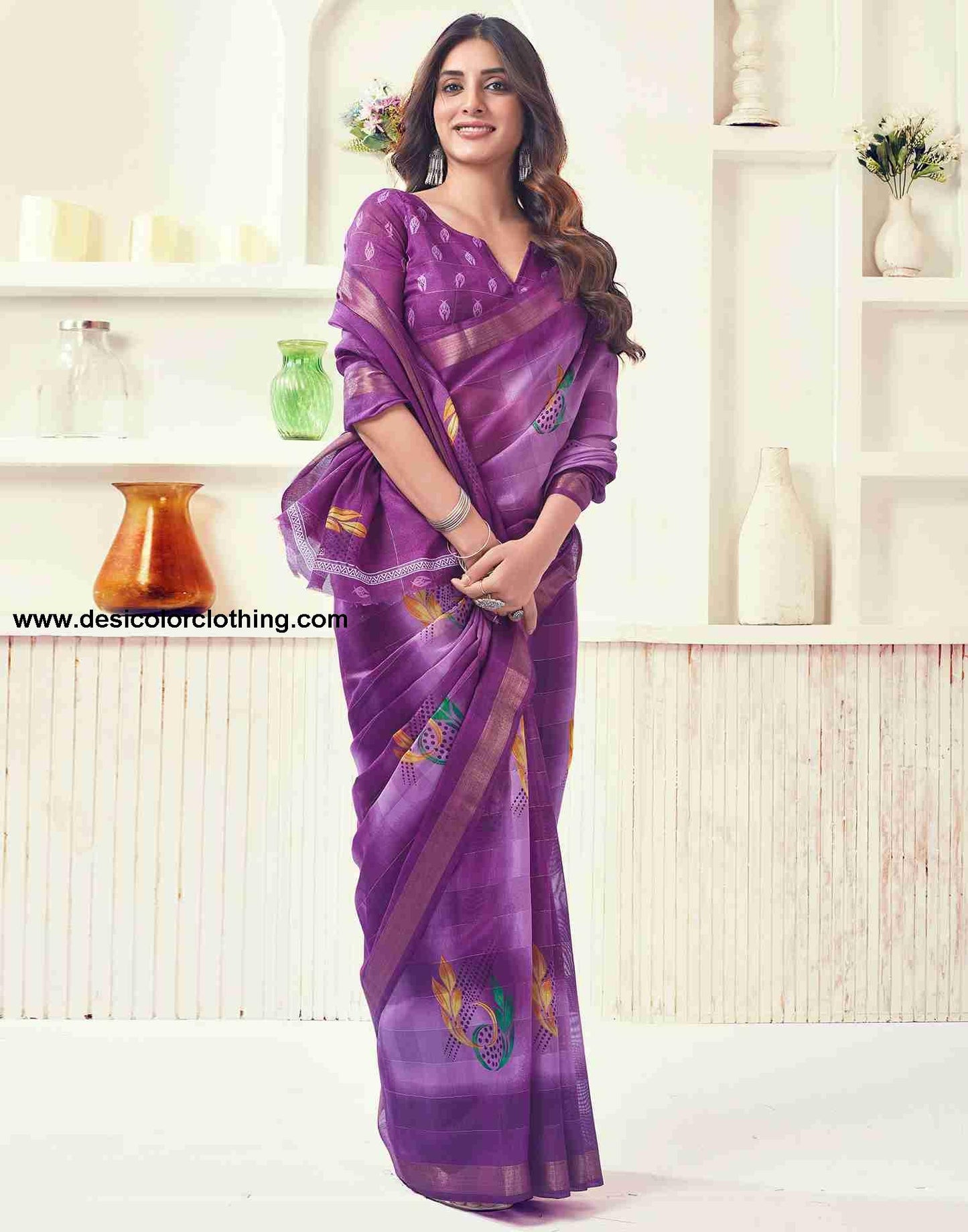 Purple Cotton Printed Saree
