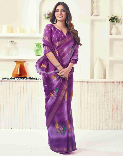 Purple Cotton Printed Saree