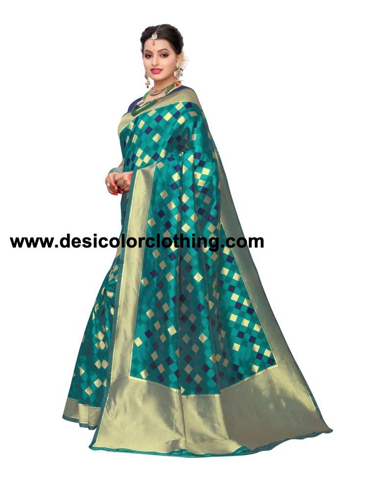 Turquoise Coloured Poly Silk Jacquard Partywear saree
