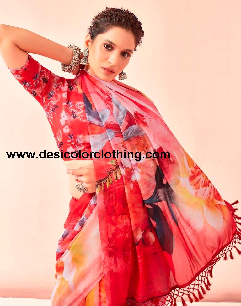 Red Georgette Printed Sarees