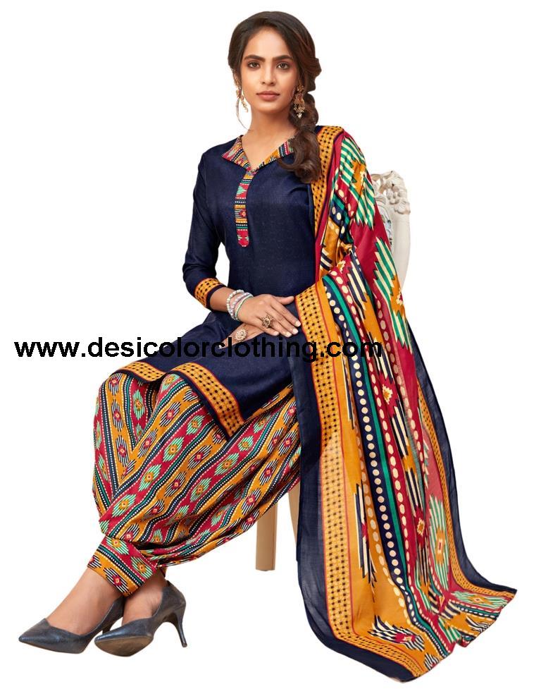 Vintage Navy Blue Cotton Printed Unstitched Salwar Suit
