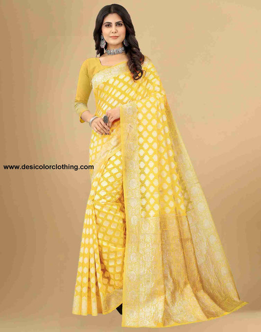 Yellow Cotton Plain Saree