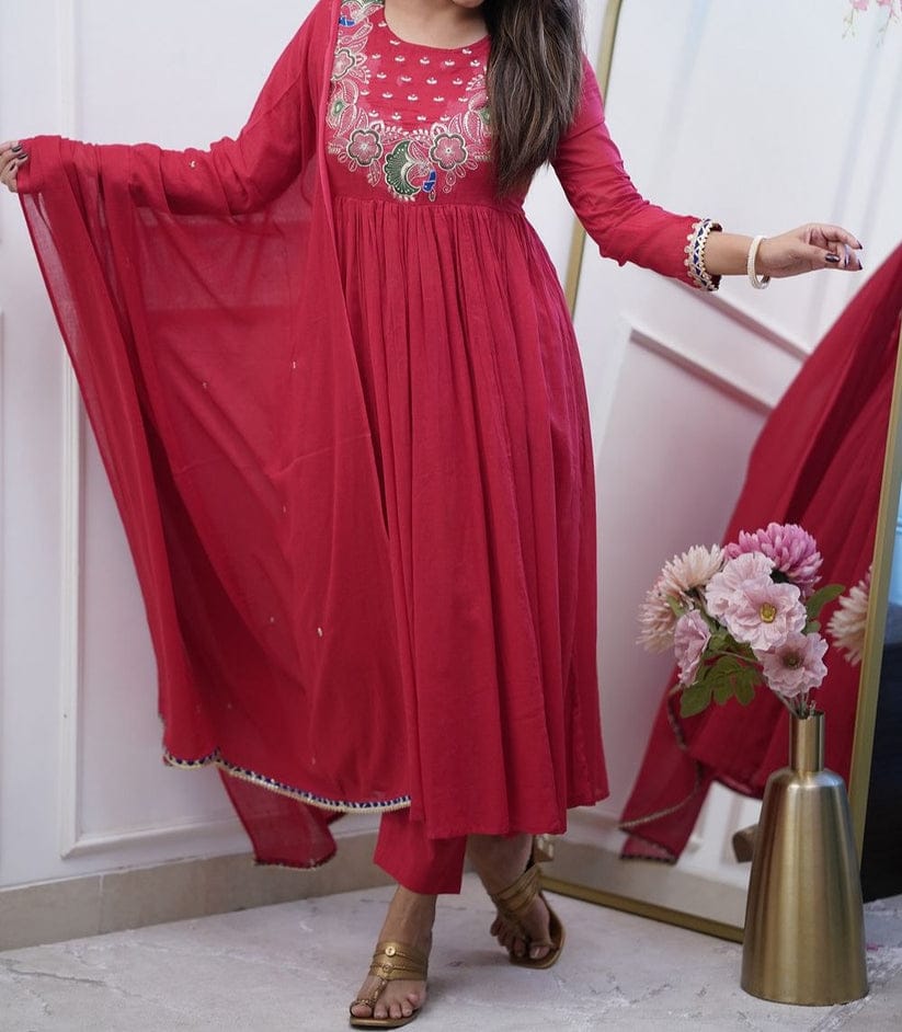 Product Image - Designer Cotton Anarkali Suit Set with Embroidered Dupatta - Festive & Wedding Wear