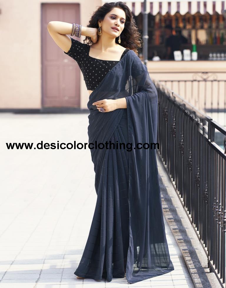 Dark Navy Blue Plain Georgette Saree