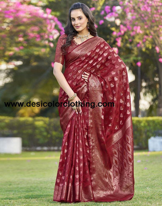 Red Organza Plain Saree