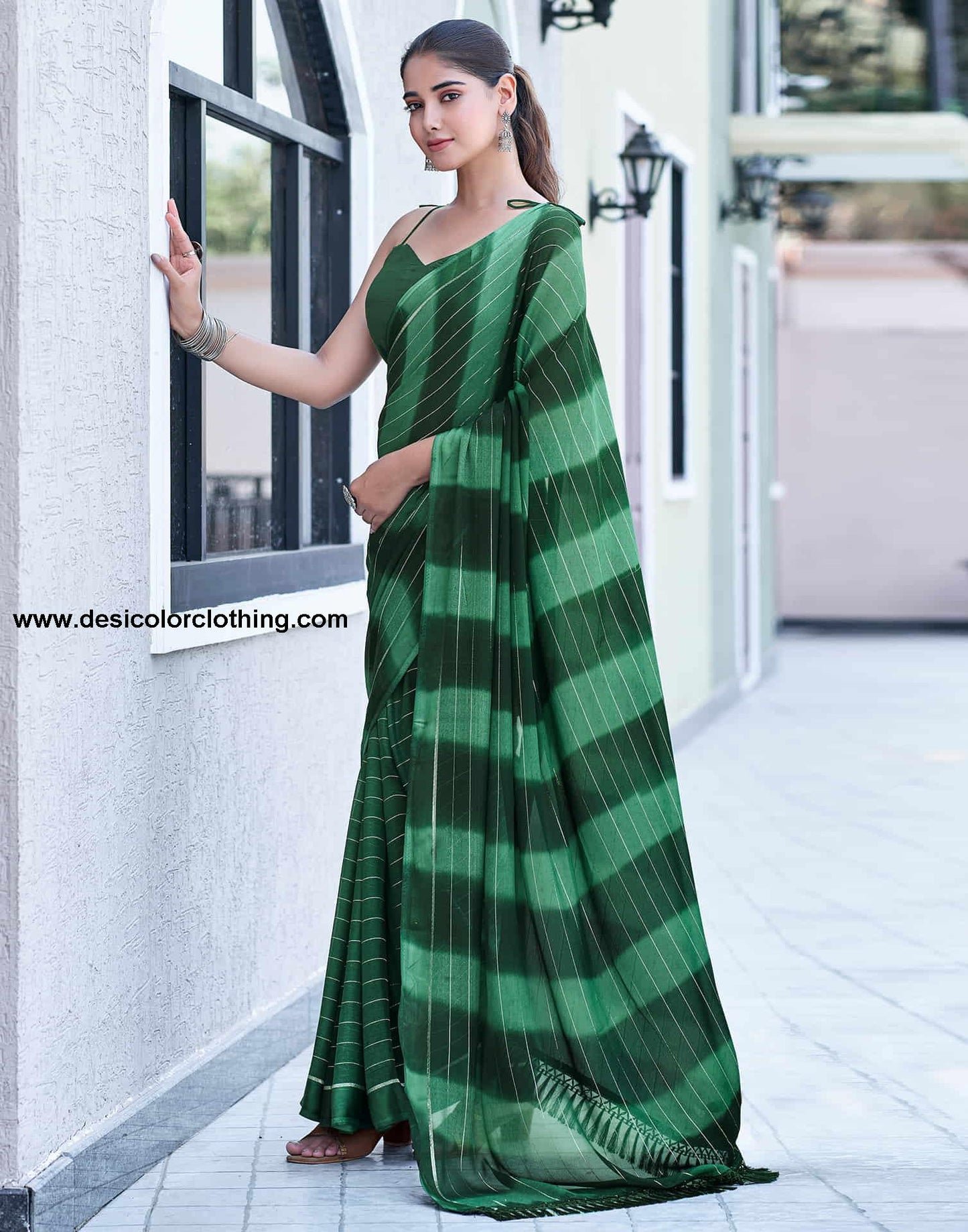 Dark Green Georgette Printed Leheriya Saree