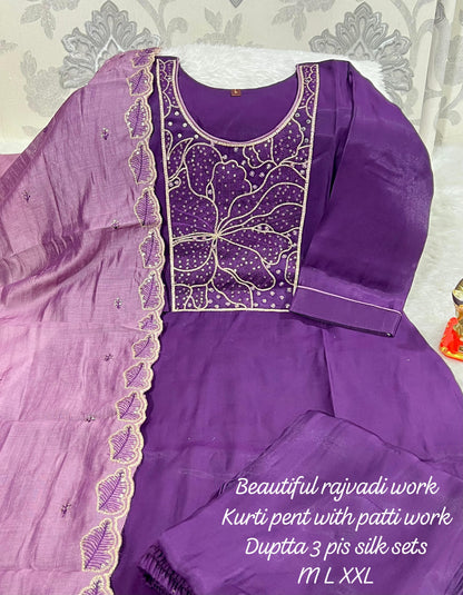 Product Image - Designer Handwork Kurti with Pant & Dupatta Set in Premium Roman Silk – Festive & Wedding Ready