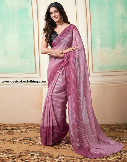 Pink Plain Georgette Pre-Draped Saree