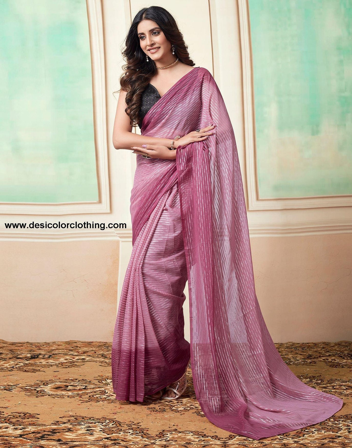 Pink Plain Georgette Pre-Draped Saree