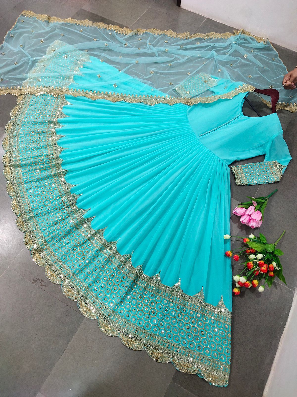 Product Image - Designer Party Wear Gown with Georgette Fabric & Embroidery