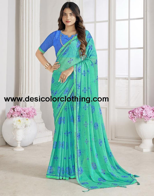 Turquoise Chiffon Printed Saree