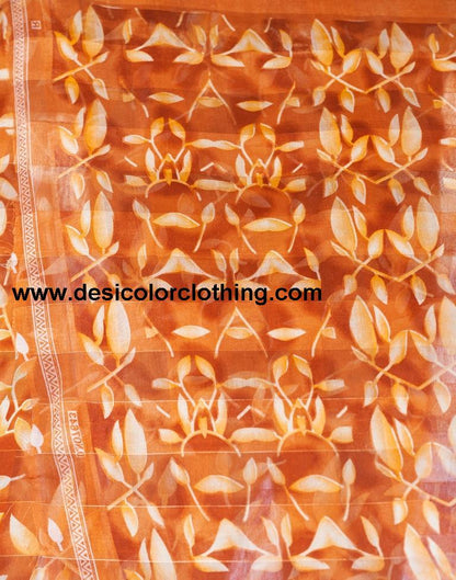 Dark Orange Cotton Printed Saree