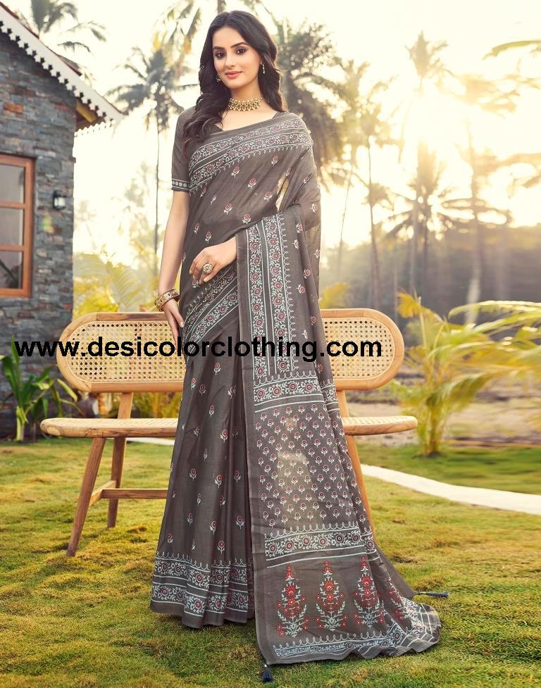 Stone Grey Cotton Printed Ready To Wear