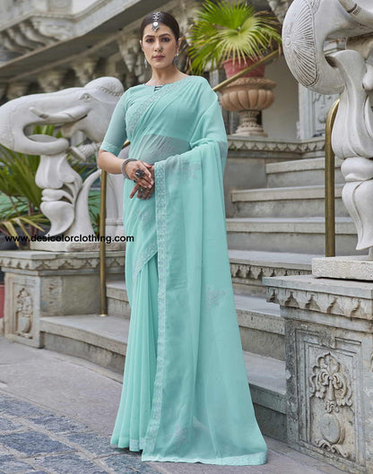 Turquoise Swarovski Georgette Stone Work Saree